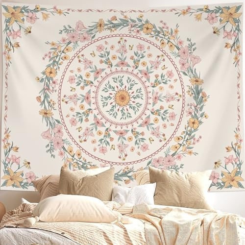 Neasow Bohemian Tapestry Wall Hanging, Beige Pink Floral Tapestry with Wild Flower Medallion Print Bedroom Boho Home Decor, White Wreath 36×48 inch
