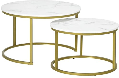 HOMCOM 2er-Set Couchtisch, Runder Beistelltisch, Kaffeetisch mit Stahlgestell in Gold, stapelbar Sofatisch mit Marmoroptik, für Wohnzimmer, bis 30 kg belastbar, Weiß