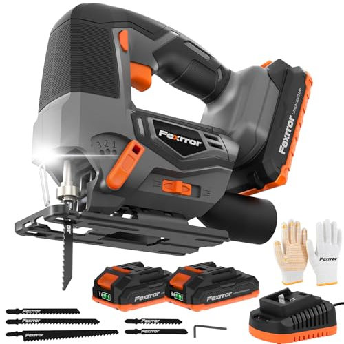 Fexrror Cordless Jigsaw Tool with 2x2000mAh Batteries, Bevel Angle (0°-45°), Tool-Free Blade Change, LED Light, 4 Position Orbital Electric Jig Saw for Wood PVC Metal Cutting