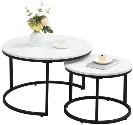 Couchtisch 2er Set, Moderne Couch Tisch mit Schwarz Metallgestell, Couchtisch Eiche, Couchtische Rund Weißer, Living Room Table, Kaffeetisch, Wohnzimmertisch Holz 70x70x45 & 50x50x38 cm