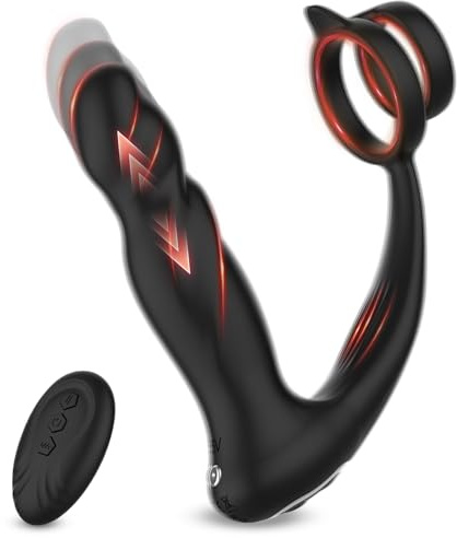 BDSMYOU 2 en 1 Double Anneau Vibrant Pénis Homme + Stimulant Vibrant,Plug Anal Vibrant avec Fonction de Poussée,10 Modes de Vibration pour Plaisir Anal & Pénien Intense,Sextoys Homme (A)