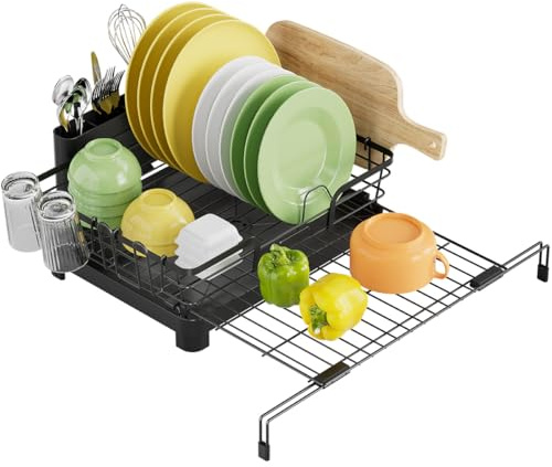 Szmst Kitchen Dish Drying Stand,Extendable (32cm-55.6cm) Large Metal Dish Drainer Rack with Removable Cutlery Holder,Plates Drying Stand,Over the Sink Rustproof Dish Organiser for Kitchen Counter