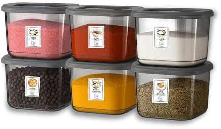 My Happy Home 6 Pcs 500ml Each Square BPA-Free Food Storage Container, Durable Pantry Organiser with 25 Labels Stickers, Stackable, Dishwasher Friendly