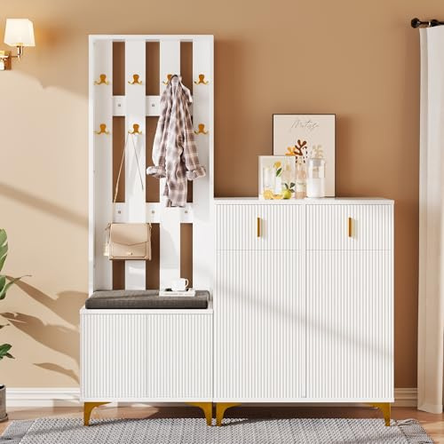 BTM Modern White-plus Shoe Storage Bench with Shoe Cabinet, Drawers and Hooks, Wardrobe Set, 60.5 cm (W) x 32 cm (D) x 180.5 cm (H), Entryway, Hallway, Living Room
