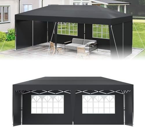 UISEBRT 3 x 6 hopfällbar paviljong med 6 sidoväggar, vikbart festtält, trädgårdstält, justerbar höjd, vattentät och UV-skydd, paviljong utomhus inkl. bärväska och markankare, antracit