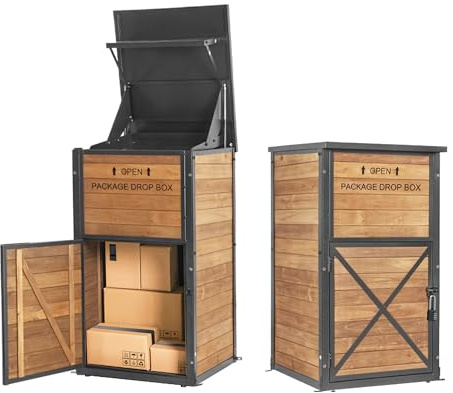MEDEHOO Package Delivery Boxes for Outside, Anti-Theft & Weatherproof Solid Wood with Iron Frame, Parcel Drop Box with Combination Lockable, Lockable Secure Package Holder for Porch
