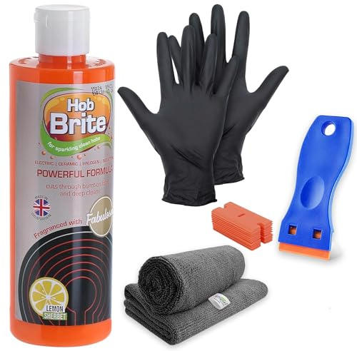 Hob Brite Ceramic Hob Cleaner 250ml Kit with Hob Scraper – 2x Microfibre Cloths & Gloves – Glass, Ceramic, Electric & Induction Hob Cleaner – Removes Burnt Grease, Restores Shine, Streak-Free Surfaces