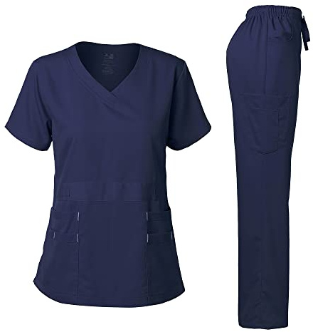 Dagacci Medical Uniform® Scrubs for Women Set – Natural Stretch Ultra Soft V-Neck Top and Pants Sets for Women - 9 Pocket Navy Blue XS