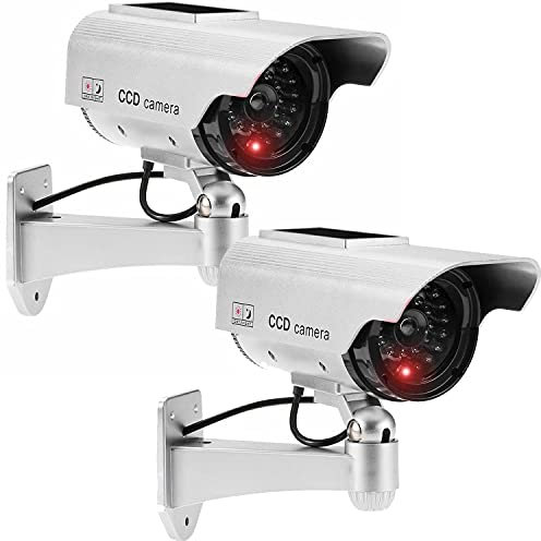 JUSTOP Twin Pack Dummy CCTV Camera Outdoor/Indoor Waterproof With Reality LED Light Solar Or Battery Powered - Silver