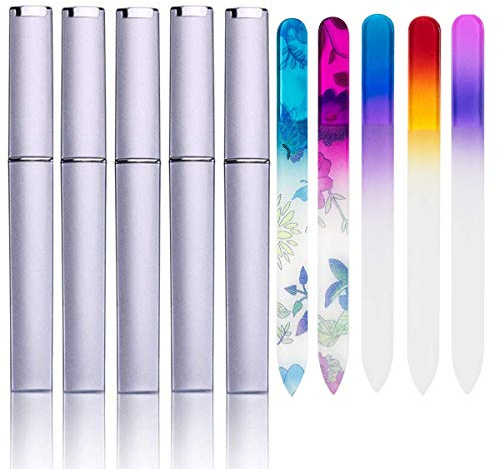 5-pack nagelfilar i glas med fodral, kristallglas, fingernagelfilar, dubbelsidiga glasnagelfilar, blandade färger, manikyrset för skonsam nagelvård för kvinnor och flickor