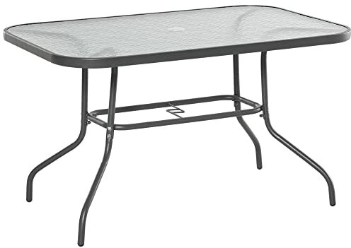 Outsunny Gartentisch Bistrotisch Balkontisch Garten Beistelltisch Bistrotisch Gartenmöbel mit Glasplatte Schirmloch Hartglas + Metall Carbongrau 120 x 80 x 70 cm
