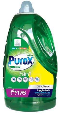 PUROX UNIVERSAL Flüssigwaschmittel (176 Waschladungen) – Gel für alle Textilien, entfernt Flecken, vollständig ausspülbar, umweltfreundlich, schützt vor Kalkablagerungen, 5,3 l