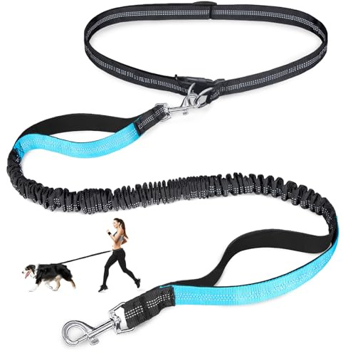 Handfritt hundkoppel, justerbart midjekoppel för hundpromenader, handtag bungee hundkoppel 10 cm långt med reflekterande sömmar för promenader vandring, löpning, passar 66 cm - 119 cm midja, svart och