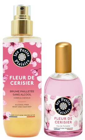 Les Petits Plaisirs - Lot Brume parfumée fleur de cerisier pailletée + Eau de toilette fleur de cerisier, Spray pailleté corps Made in France, Brume 200ml, Eau de toilette 110ml