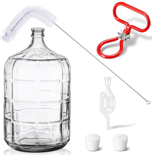 Suzile 3 Gallon Glass Carboy Set, 3 Gallon Glass Water Jug with Drilled & Undrilled Rubber Stoppers, Bubble Airlock, Handle and Brush, Fermenter Carboy Jug for Beer Wine Making Equipment (Clear)