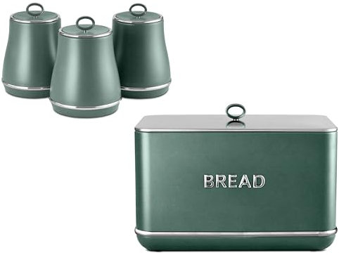 Tower Renaissance Forest Green Breadbin and Tea, Coffee, Sugar Canisters. Contemporary Matching Kitchen Storage Set in Green with Chrome Accents