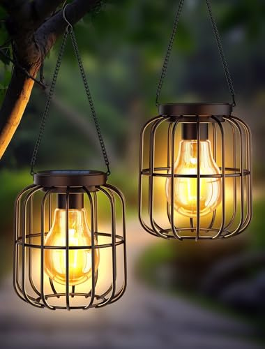 Lampade Solari da Esterno a Sospensione, Set da 2 Lanterne Solari in Metallo Impermeabili, con Lampadina LED Grande, Luci Solaris Decorative per Giardino, Terrazza, Balcone, Prato e Cortile