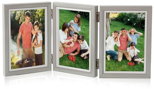 TESSTSY Marco Triple de Madera, Marcos de Fotos 10x15 cm, Marcos Fotos Multiples, Marco de Fotos de Madera con Placa Acrílica, Marco Fotos Doblar, para Cumpleaños, Bodas, Navidad (Gris)