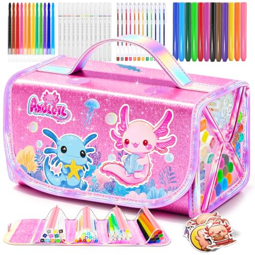 JYPS Feutres Coloriage Enfants, 70 Pièces Axolotl Lavable Marqueur Set avec Paillette Trousse, Crayons, Parfumés Feutre, Malette Dessin Couleur Fille 4-12 ans, Papeterie Idée Cadeau Anniversaire