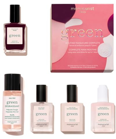 Manucurist Green Plommon Gift Box - Professionell vegansk manikyrkit: 1 avfettningsmedel, 1 Base Coat, 1 vinrött nagellack, 1 topplack, torra droppar - presentförpackning för kvinnor