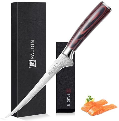 PAUDIN Filetiermesser Fisch 18 cm, Professionelles Küchenmesser Fischmesser, Ausbeinmesser aus Hochwertiger Carbonstahl, Ultrascharf Fleischermesser Fischfiletmersser mit Ergonomischem Pakkaholzgriff