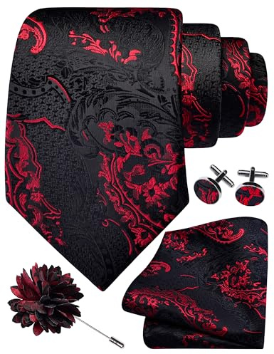 Gusleson Red Black Tie Set for Men Silk Paisley Necktie Pocket Square Cufflinks and Lapel Pin Brooch Set for Wedding (UK6114-09)