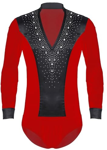 Sinleey Herren Latein Tanz Body Glitzer Langarm Gymnastikanzug Eislauf Turnanzug Turnbody Kostüm Performance B Rot L