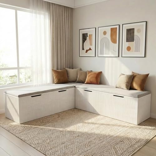 Nordee Axio L-Shape Storage Bench with Cushion, Kitchen Breakfast Nook, Corner Shoe Bench with 4 Hidden-Storage for Dining Room, Kitchen, Cloakroom, Entryway (White)