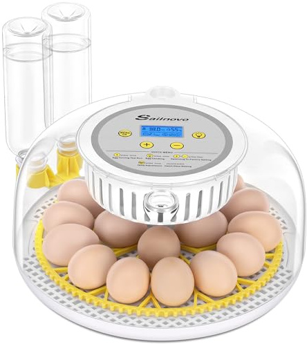 Sailnovo Incubadora Automática para 18 Huevos, Control de Temperatura y Automático de Humedad,Días de Eclosión,Rotación y Parada Automáticas, Vela de Huevo – Vista de 360° Incubadora (Amarillo)