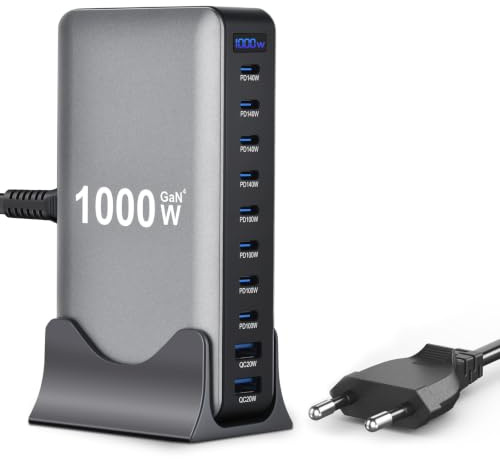 1000 W USB C cargador múltiple 10 puertos cargador rápido Gan 4 Max140W Laptop Power estación de carga (8 USB C y 2 USB‑A) para MacBook Air, i-Pad, iPhone 17/16/15, Galaxy S25, HP