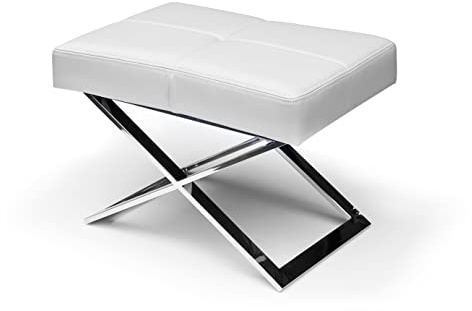 NEUERRAUM Bauhaus Fußhocker, Beistellhocker, Sitzhocker, Hocker, X-Fuß Edelstahl poliert. Abbildung in (Echt-) Leder Weiß.