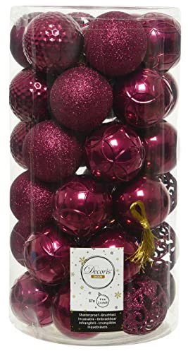 dekorativer bruchfester Kugelmix als 37er Set Weihnachtskugeln Baumkugeln bruchfest für innen und außen Durchmesser 6 cm in verschiedenen Oberflächen und Mustern (ochsenblutrot)