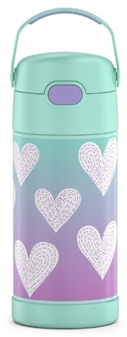 THERMOS FUNTAINER 12 Ounce Stainless Steel Vacuum Insulated Kids Straw Bottle, Purple Hearts