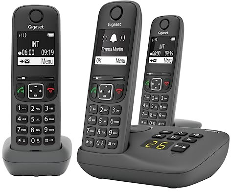 Gigaset A695A Trio - 3 téléphones DECT sans fil avec répondeur - écran à haut contraste - excellente qualité audio - profils sonores réglables - fonction mains libres - protection d'appels, gris
