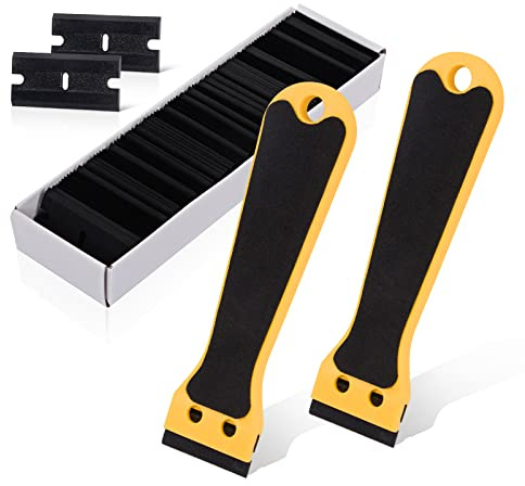 EHDIS 2pcs Plastic Razor Scraper 6-inch Long Handle Adhesive Remover Tool with 100 Double-Edge Blades for Window Tint Vinyl Scraper Decal Sticker Glue Remover (yellow)