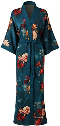 Ledamon Damen Kimono Robe Lang für Frauen - Pocket Floral Bademantel Nachthemd (Dunkelgrün.)