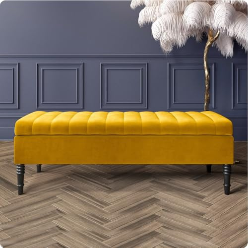 Safar Velvet Ottoman Storage Bench with Legs, Upholstered End of Bed Storage Bench, Large Ottoman Storage Box with Hinged Lid, Entryway Shoe Bench, Padded Storage Ottoman Seat for Living Room