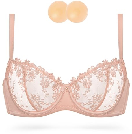 Wingslove Women's Sexy Lace Bra Demi Sheer Mesh Balconette See Through Bralette Unlined Underwire Embroidered (Pink Nude,36C)
