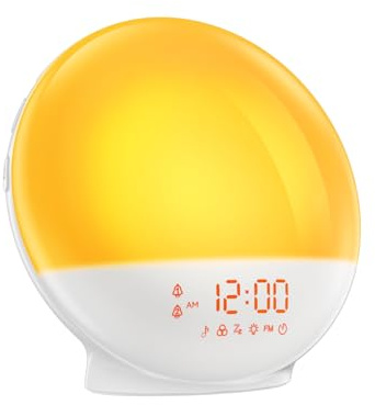 RICIAL Luz de despertador, reloj despertador de amanecer con luz de terapia de 10.000 lux, máquina de sonido de ruido blanco con ayuda para dormir, 11 luces de atmósfera, alarma dual y función de