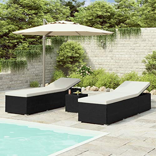 Faroom Set 2 Tumbonas de Ratán y Aluminio + Mesa Jardín, Tumbona Doble Ajustable, Resistente a la Intemperie, Negro, Blanco Crema
