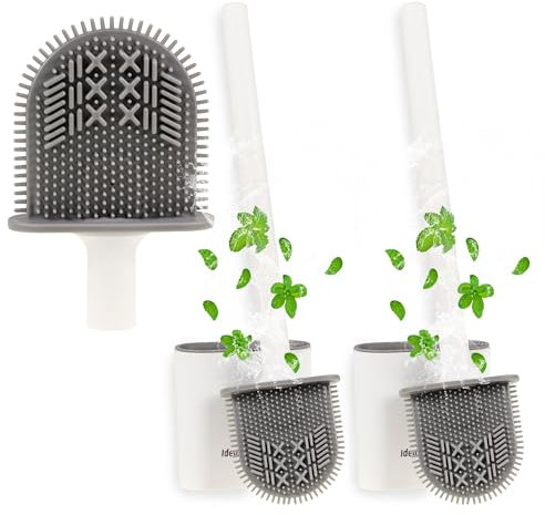 IDEAL CLEAN 2 Scopini Bagno Wc con Vaschetta di Raccolta - Scopini Wc Silicone con Supporto da Parete - Spazzoloni Bagno Wc Flessibile con Setole Efficaci e Delicate