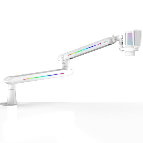 IXTECH Braccio RGB a basso profilo per microfono, supporto regolabile per microfono con morsetto da tavolo, braccio girevole per microfono con gestione dei cavi per podcast streaming gaming studio