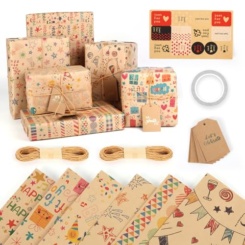 MLABINYA 6 Sheets Kraft Wrapping Paper Set with Tags and String, Mixed Pattern Birthday Gift Wrap 50x70cm, Colourful Recyclable Paper for Christmas, Mother's Day, Father's Day, Wedding
