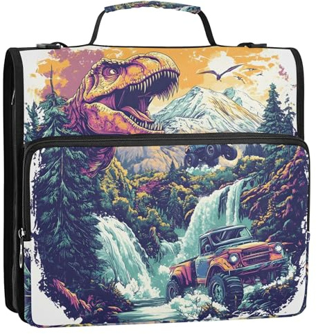 Divertida carpeta de pintura T Rex con cremallera, organizador de 3 anillos en D de 1.5 pulgadas, bolsa escolar con correa para el hombro, carpeta de almacenamiento con asa