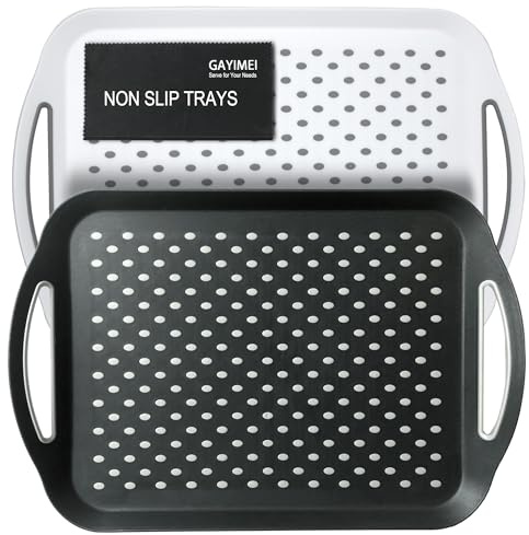 Large Anti-Slip Serving Tray with Handles, Dual Rubber Grippy Lap Food Trays for Eating, Dinning, Breakfast, on Couch/TV, Black & White - Set of 2