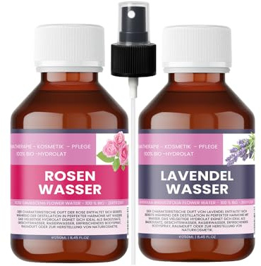 Ekologisk rosenhydrolat & ekologisk lavendelhydrolat – 2 × 250 ml – inkl. 1 × sprejflaska – 100 % naturliga organiska hydrolater – för hud, hår och aromvård – nakobe
