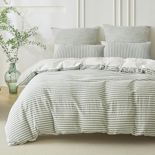 SOULFUL Housse de Couette 240x260 Coton - Jacquard Rayures - Vert Sauge | Parure de Lit 2 Personnes avec 2 Taie d'oreiller 65x65 cm - Design Bohème Jacquard Rayures - Fermeture Éclair