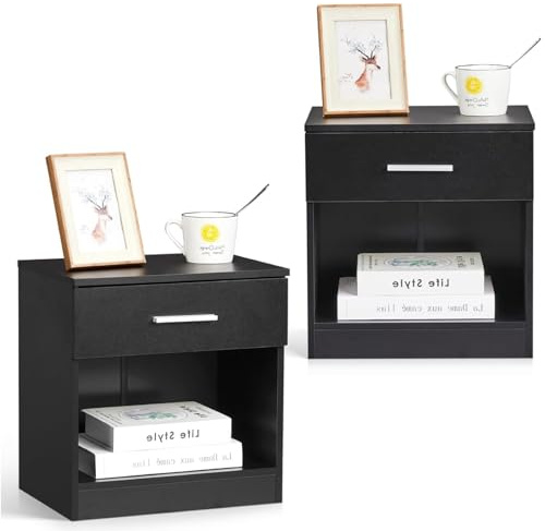 TactFire Table de Chevet Lot de 2, Table de Nuit, Commode Chambre avec 1 Tiroir, Convient pour Salon, Chambre, 39 x 29 x 41 cm (2, Noir)