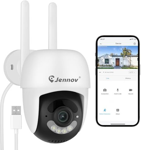 Jennov 2K Überwachungskamera Aussen, 360° PTZ WLAN IP Kamera mit 2-Wege-Audio, Automatische Nachverfolgung, Nachtsicht in Farbe, 24/7 Aufzeichnung, Menschliche Erkennung, Kompatibel mit Alexa