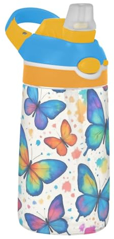 47 ml tritan barn sport vattenflaska med sugrörslock återanvändbar vattenflaska för skola läckagesäker 473 ml barnmugg, bärhandtag, färgglada akvarell gradient fjärilar